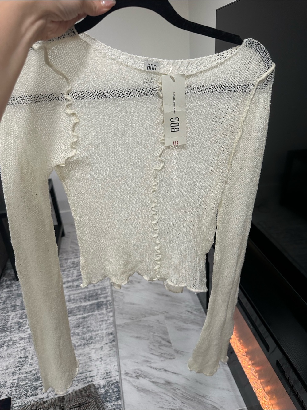 Urban Outfitters BDG Cream Sheer Ruffle-Edge Long Sleeve Top